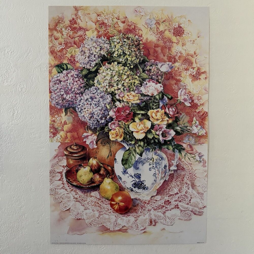 Joyce Kitchell Still Life Floral Fruit Art Poster Print 1990 Large 36x24”